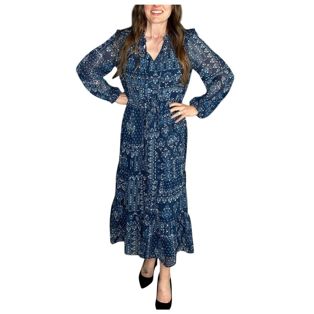 JULIA JORDAN Blue Paisley Floral Tiered Long Sleeve Midi Dress Women's Size 8